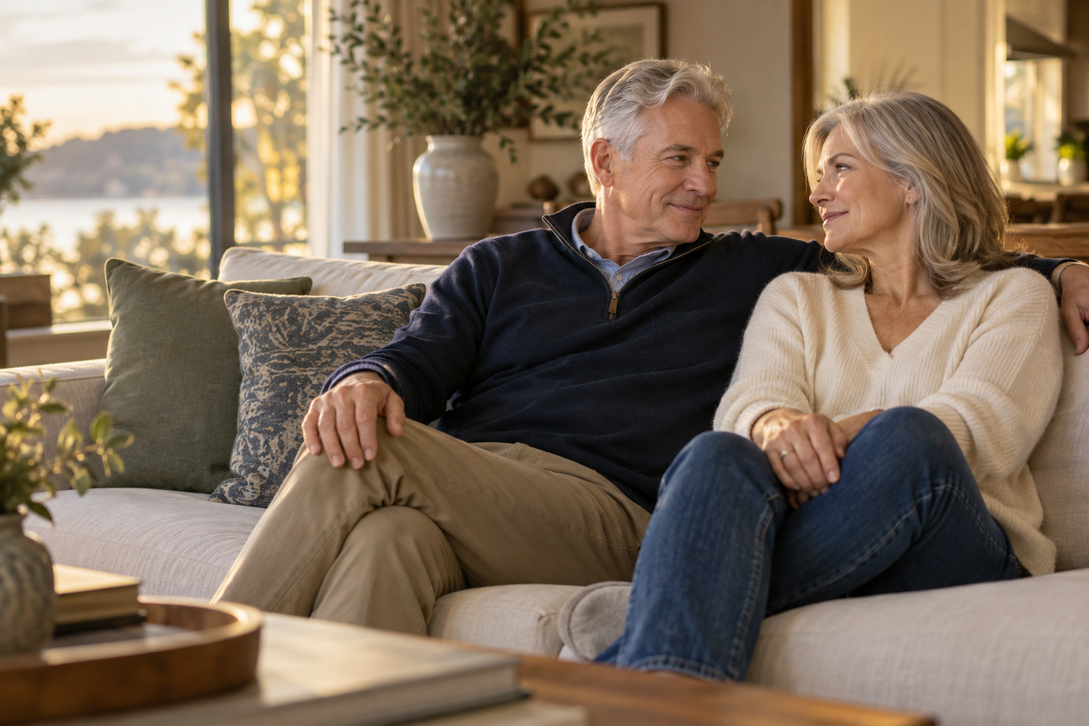 Illustrative photo of an older couple talking together at home